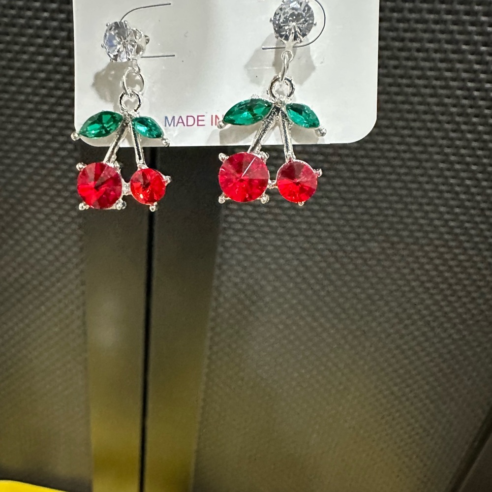 Cherry Drop Earrings with Red and Green Accents